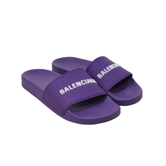 Balenciaga Womens Flip Flops US 8 IT 38 Purple Rubber White Logo Pool Sandals - Picture 1 of 9
